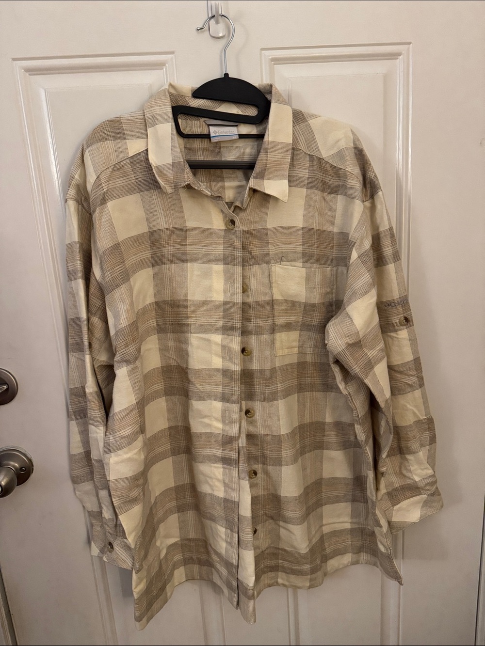 Beige and Cream Plaid Button-Up Shirt